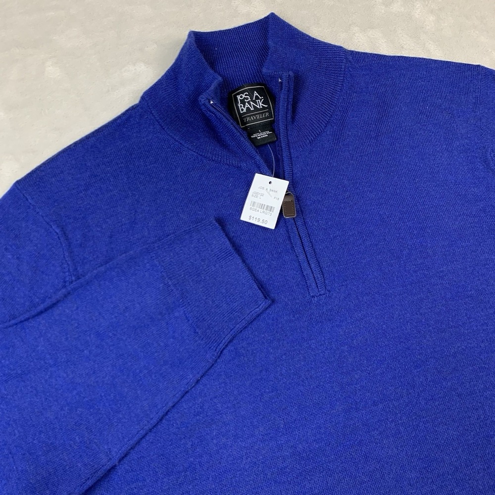 New Jos A Bank Traveler 1/4 Zip Sweater Large Blue Merino Wool Business Casual